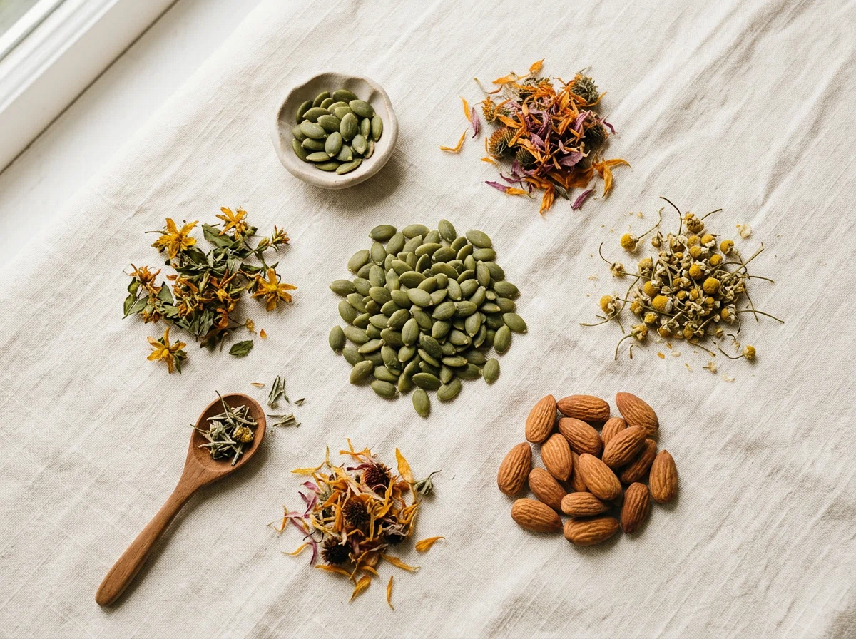 Zink en magnesium rijke ingrediënten - pompoenpitten en noten op een houten tafel