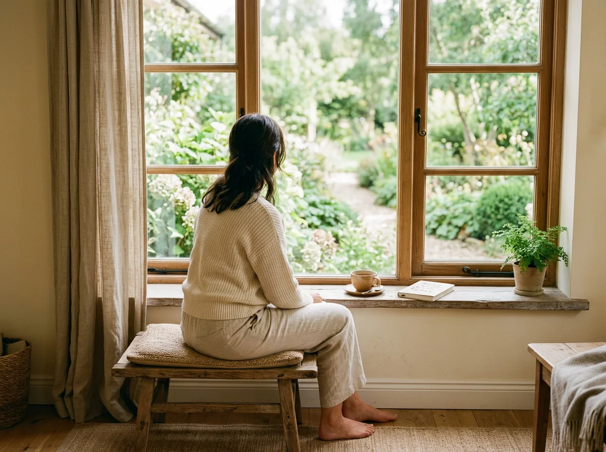 Dagelijkse gehoorroutine, rustmoment bij raam, auraal welzijn leefstijl